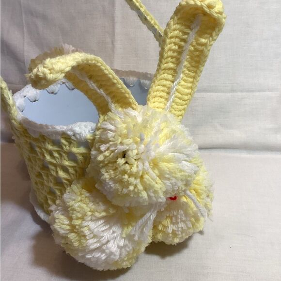Bunny Easter Basket Handmade Yellow & White Yarn Crochet with Pom Poms - Picture 2 of 12